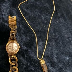 Michael Kors Gold and Brown Women's Watch & Tortoise Shell Pendant